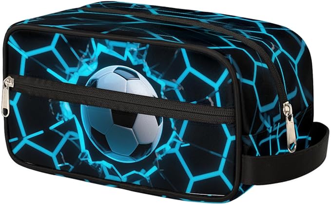 Futuristic Style Soccer Ball Kids Toiletry Bag for Boys Girls, Cosmetic Makeup Bag with Handle, Travel Shaving Kit Organizer, Waterproof Portable Wash Bag for Gym Vacation Camping Sports