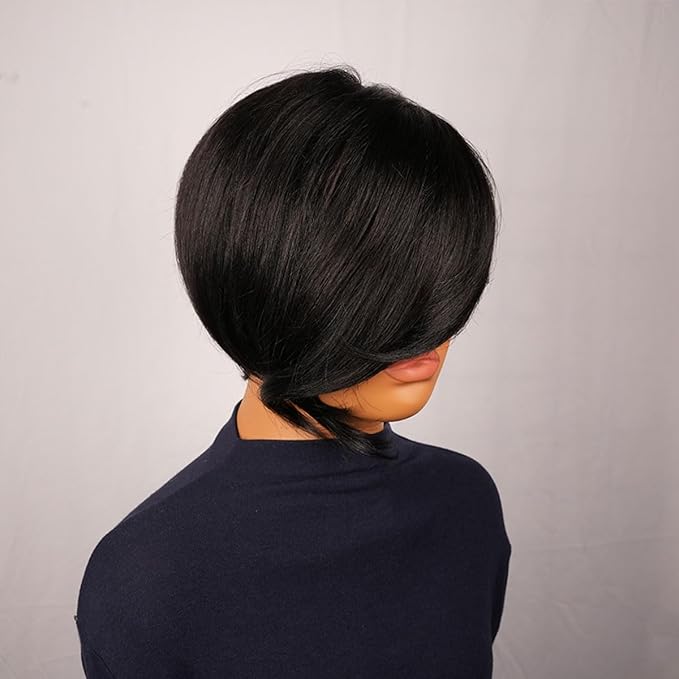 Adette Brazilian Remy Human Hair Pixie Cut Wig - Side Part and Layered 8 Inch Short Straight Style 180% Density with Rose Net Cap for Black Women