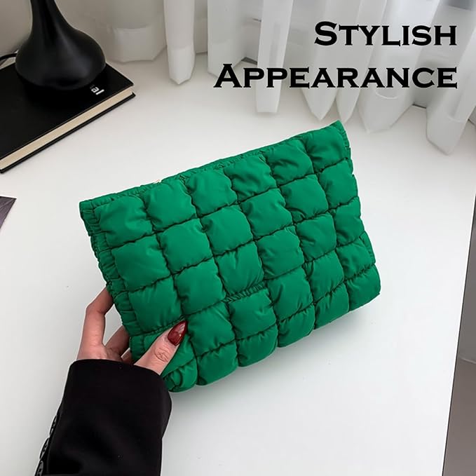 Puffy Quilted Makeup Bag for Women, Cosmetic Bag, Travel Toiletry Organizer Pouch Clutch (green)