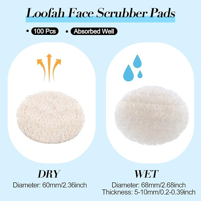 Bokon Loofah Exfoliating Face Pads 2.36 Inches Round Natural Loofah Sponge Body Face Scrubber Remove Dead Skin Facial Pad Bulk for Bath Shower Spa Skin Cleaning Women Men (100 Pcs,White)