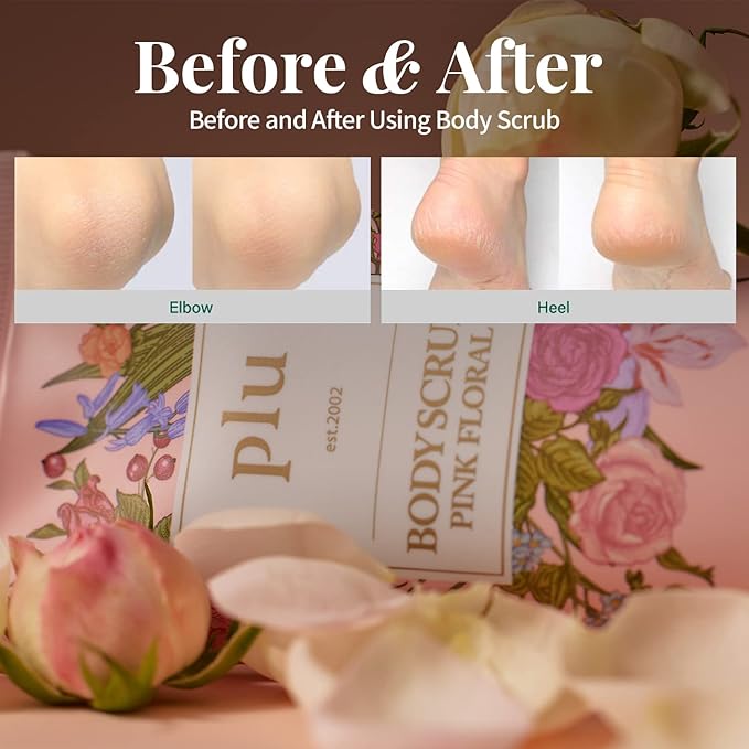 PLU Korean Walnut Body Scrub Pink Floral with Manuka Honey - Exfoliating, Hydrating & Smoothing for Radiant Skin Texture - Fresh & Elegance Rose Scent, 7.05 oz.
