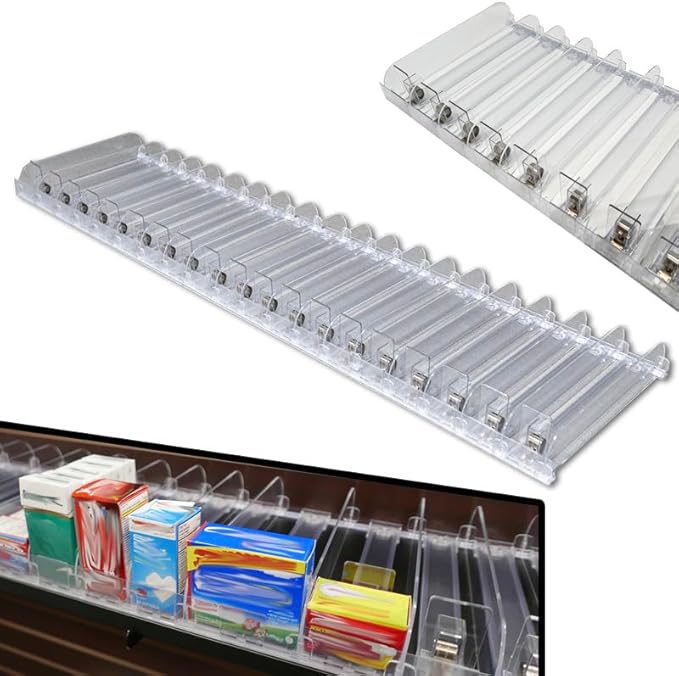 STORE FIXTURES DIRECT Auto Feed Shelf Product Pusher Kit, Adjustable Pushing System for 48" L x 12" D Shelves, 1 Kit - [19 Shelf Pushers + 20 Dividers]
