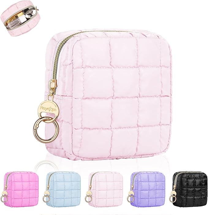 4.9" Puffy Small Makeup Bag, Cute Quilted Cosmetic Bag for Purse, Mini Travel Toiletry Organize Pouches for Women, Birthday/Wedding/Christmas Gifts (Pink)