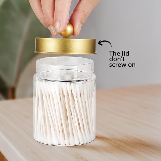 Amolliar Qtip Holder Dispenser -8oz Plastic Apothecary Jar Containers for Vanity Makeup Countertop Organizer Storage -Bathroom Canister Accessories Set for Cotton Swab, Ball, Pads, Floss-Gold (2)