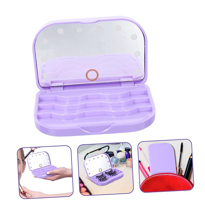 Portable LED Lash Tray Eyelash Storage Case with Mirror Lightweight False Eyelash Holder for Travel and Professional Use Compact Purple Box Organizer