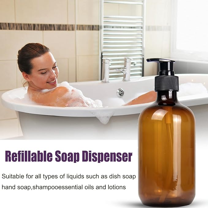 4 Pack 16.9 Oz Shampoo and Conditioner Hand Soap Dispenser Refillable Pump Bottles with Waterproof Labels (Amber)