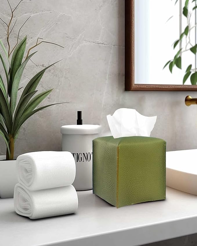 Green Tissue Box Cover Square – with Bottom Belt [JESMINI, ] PU Leather Green Tissue Box Holder Decorative for Bathroom Vanity Countertop/Night Stands/Office Desk, 5x5x5