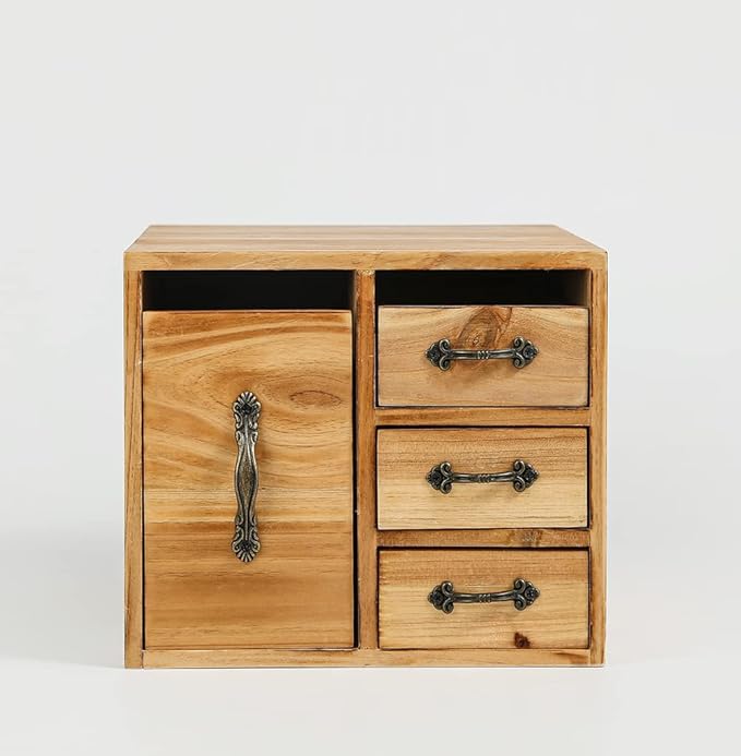 Rustic Beauty Organizer 4 Drawers - Wooden Cosmetic Storage Box for Neat & Home Office Desk &Organize &Storing of Makeup holder Tools,Bathroom Counter-top(Wood Color, L)