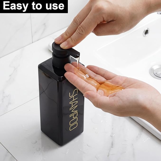 Shampoo and Conditioner Dispenser Shower Soap Bottles 3 Pack 550ml/18.6oz Refillable Shampoo Pump Bottle Dispenser Plastic Empty Body Wash Dispensers with Stylish Permanent Labels for Bathroom (Black)