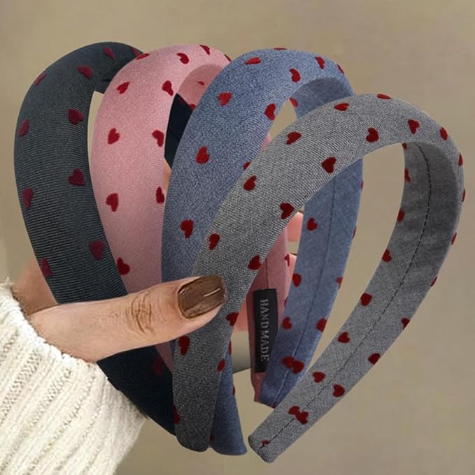 Huachi Valentine's Day Headbands for Women Non Slip Trendy, Heart Headbands for Women’s Hair 1 inch Wide Cute Headband for Girls, Head Bands Elastic Hair Bands Fashion Accessories for Women 4PCS