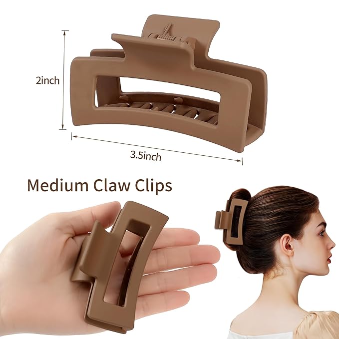 3.5 Inch Medium Hair Claw Clips 6 Pack Hair Clips for Women Square Rectangle Claw for Hair Banana Jaw Clips Hair Accessories for Girls -Coffee Brown