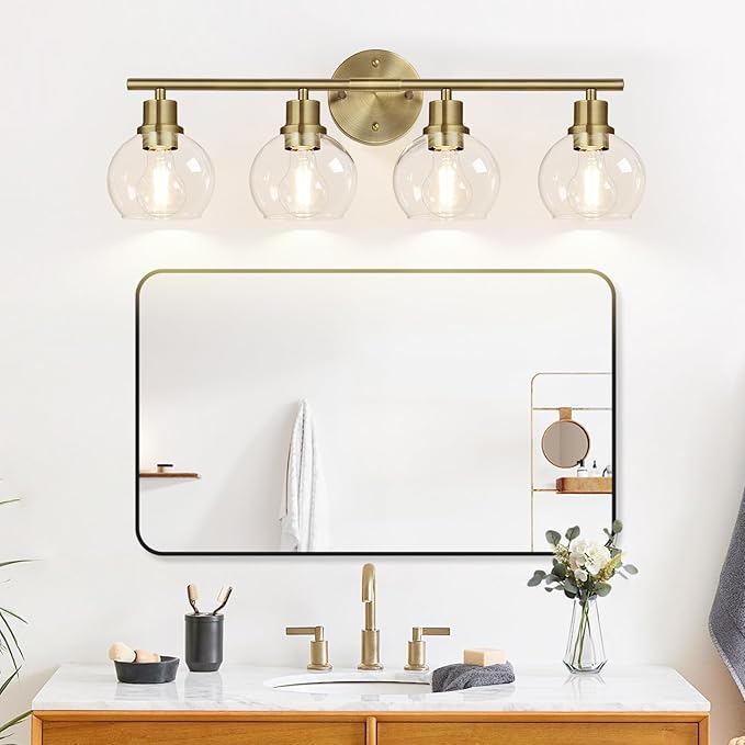 4-Light Bathroom Light Fixtures, Brushed Brass Bathroom Lights Over Mirror with Clear Glass Globe Shade, Vanity Lights for Bathroom Kitchen Living Room Hallway Cabinet Bedroom Porch