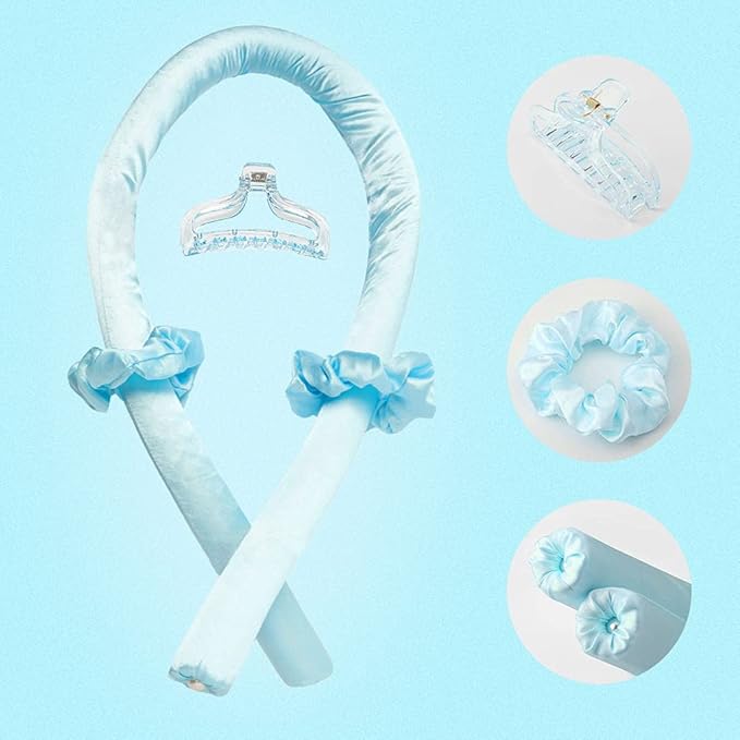 Heatless Curling Rod Headband No Heat Silk Ribbon Curling Rod Hair Roller Curls with Hair Claw Clip Lazy Natural Soft Wave DIY Hair Rollers Styling Tool for Sleep in Overnight (Blue)