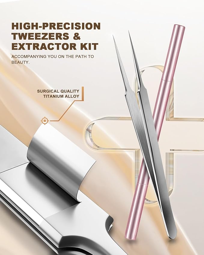 SGNEKOO Professional Facial Milia Remover Tools and Whitehead Extractor,Titanium Alloy Double Ended Needle and Steel Tweezers Kit,Blackhead,Blemish,Zit and Pimple Acne Removal Popper (Stainless Pink)