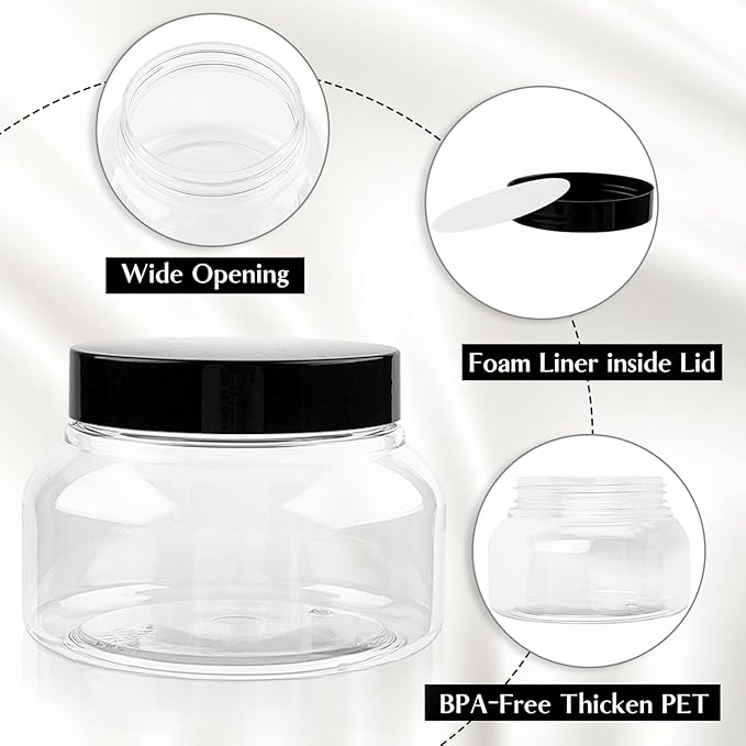 TUZAZO 8 Oz Premium Plastic Tuscany Jars with Lids BPA Free, 24 Pack Empty Sugar Scrub Containers, Round Clear Cosmetic Containers for Body Butter, Lotion, Cream, Gel, Beauty Product