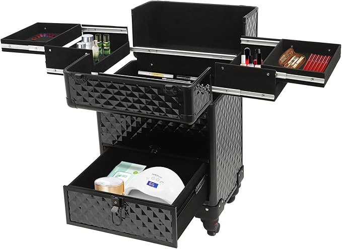 Professional Makeup Trolley Rolling Nail Case Wheeled Manicure Storage Case 13.4 * 9.8 * 18.5inch for Storing Scissors Makeup Jewelry Tools Black