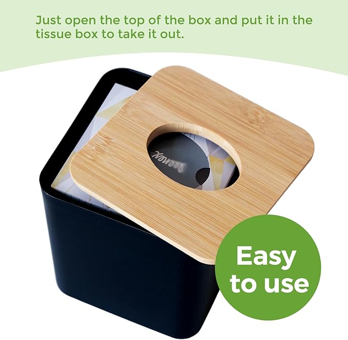 2 Pack Tissue Box Cover Square, Black Tissue Box Holder with Bamboo Cover Plate, Cube Decorative Tissue Box Cover Tissue Holders for Bathrooms