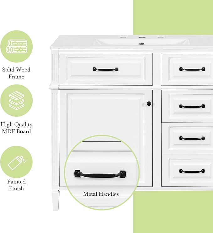 Harper & Bright Designs 36" Bathroom Vanity with Sink, Free Standing Vanity Set with 4 Drawers, Storage Racks, and Adjustable Shelf, Wood Bathroom Cabinet with Ceramic Basin for Bathroom, White