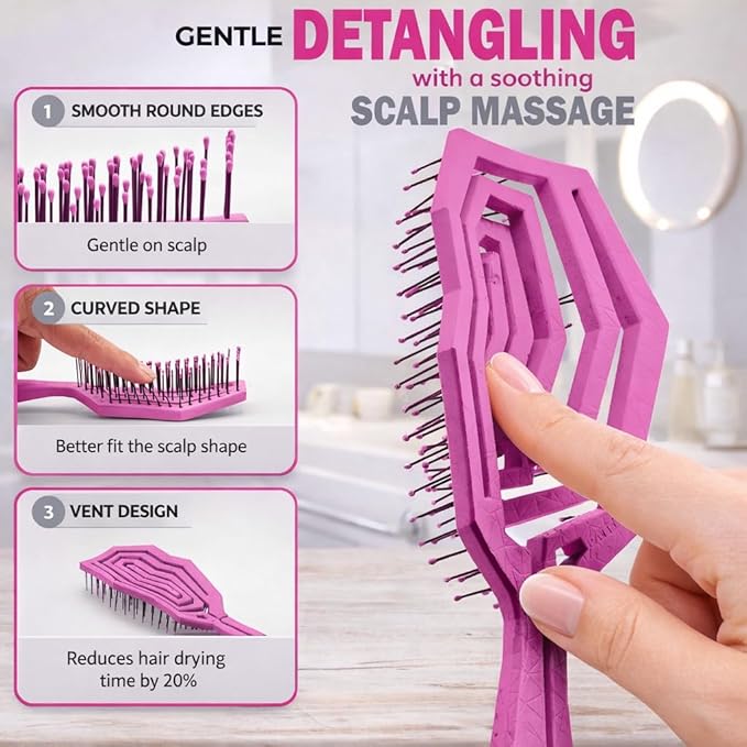 Fiora Naturals Hair Detangling Brush for Women - Detangler Hair Brush w/Flexible Soft Bristles- Gently Glides Through Tangles - Curly, Fine, Dry and Shower Wet HairBrush, cepillo para cabello - Pink