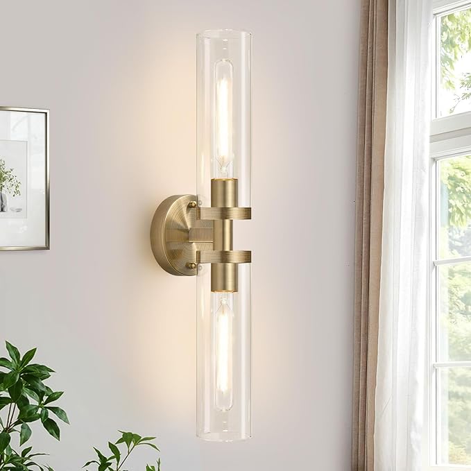 Brass Wall Sconces, Hardwired Bathroom Sconces Wall Lighting with Clear Glass, Modern Bathroom Vanity Lights fixtures for Mirror Bedroom Living Room Hallway Kitchen
