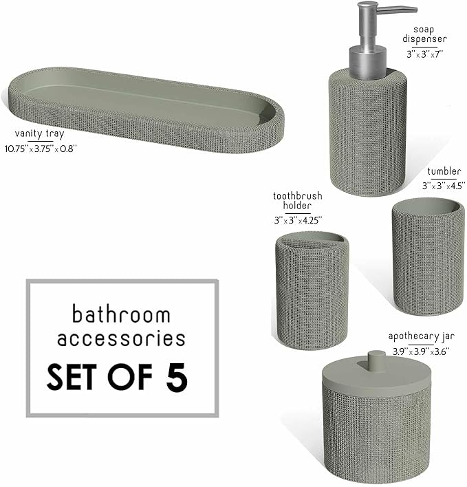 Clara Clark Bathroom Set - Sage Green Bathroom Accessories Set, 5PC Bathroom Accessory Set, Bathroom Sets with Soap Dispenser, Toothbrush Holder, Tumbler, Cotton Swab Jar & Vanity Tray