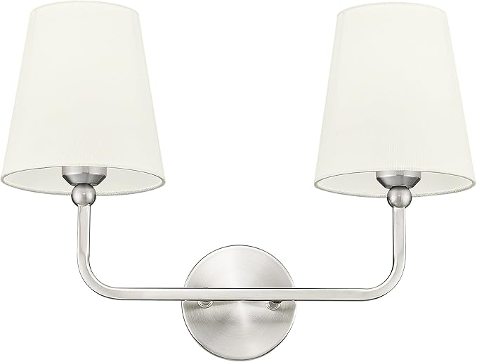 2-Light Bathroom Light Fixtures, Brushed Nickel Vanity Lights, Double Wall Sconce with Beige Fabric Shade, Modern Sconces Wall Lighting for Hallway Bedroom Stairway, VL837-BN-B-2