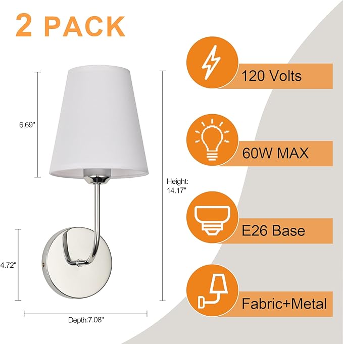 Modern Hardwired Wall Sconces, Set of 2 in Chrome or Polished Nickel with White Fabric Shades,Farmhouse Light, Living Room, Hallway, Bathroom, Vanity, or Staircase. Sleek, Versatile Lighting