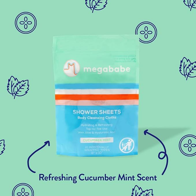 Megababe Cucumber Mint Shower Sheets | Spring Break Essential | Individually Wrapped Body Cleansing Cloths | 10 Wipes (Pack of 1)