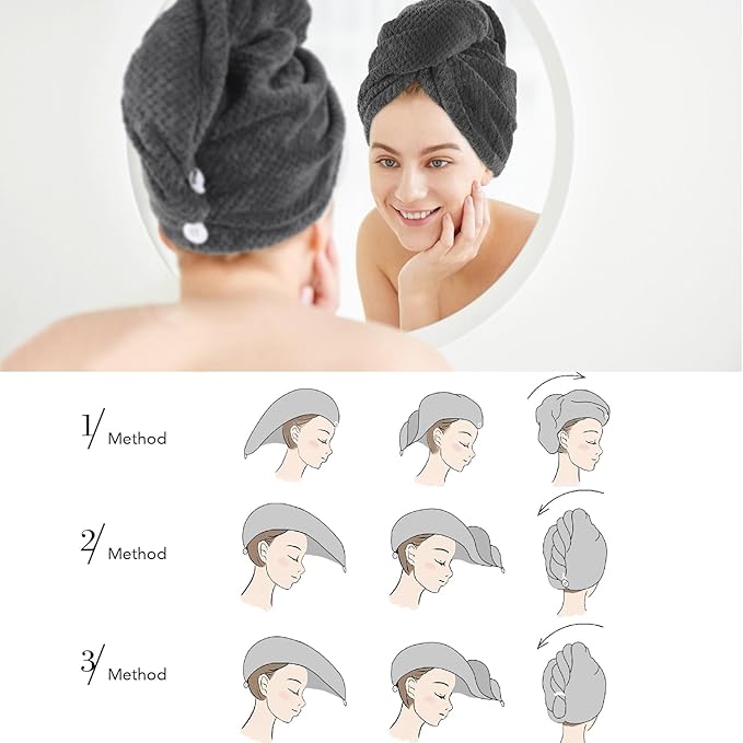 SINLAND Microfiber Hair Drying Cap Hair Towel Turban Twist for Women Fast Drying Towels Head Turban Absorbent Soft Lightweight 3 Pack Grey