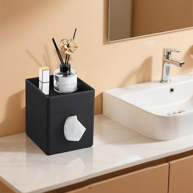 Tissue Box Cover, PU Leather Square Tissue Box Holder with Storage Tray for Bathroom Vanity Countertop Night Stands Bedroom Office Desk, Stylish Tissue Holder Decorative Organizer (Black)