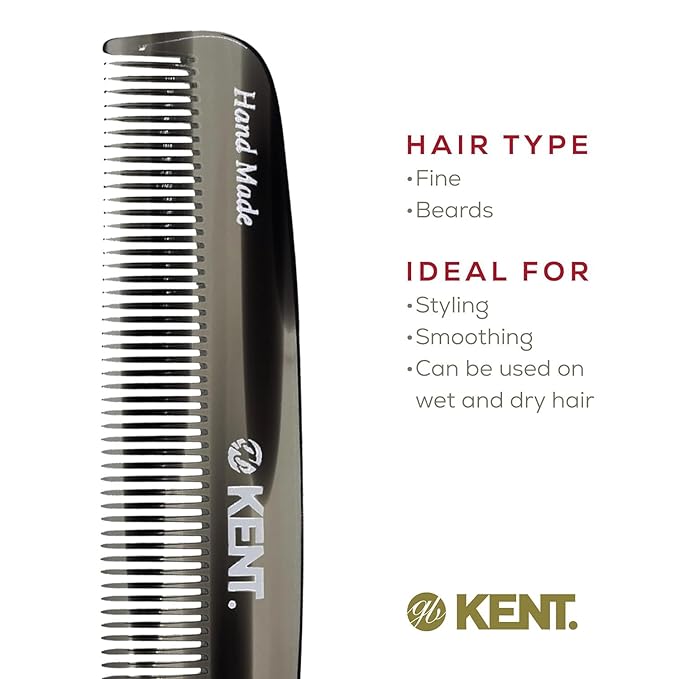 Kent 7T Black Graphite All Fine Tooth Pocket Comb for Men - Handmade Hair Comb for Men for Everyday Grooming and Styling - Travel Comb for Hair Care, Mustache and Beard Care, Saw Cut and Hand Polished