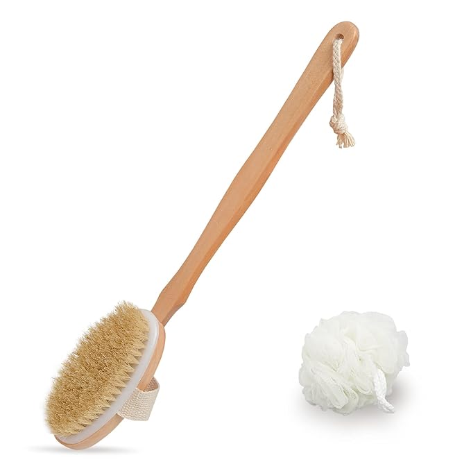 Body Brush for Bath or Shower - Dry or Wet Skin Exfoliating Long Wood Handle Back Scrubber with White Sponge