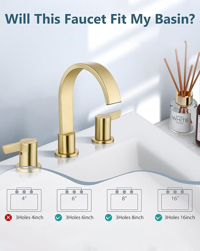 Aolemi Bathroom Faucets 3 Hole,8 Inch Widespread Waterfall Bathroom Sink Faucet,2 Handles Vanity Faucet with Pop-up Drain and Supply Hose,Brushed Gold