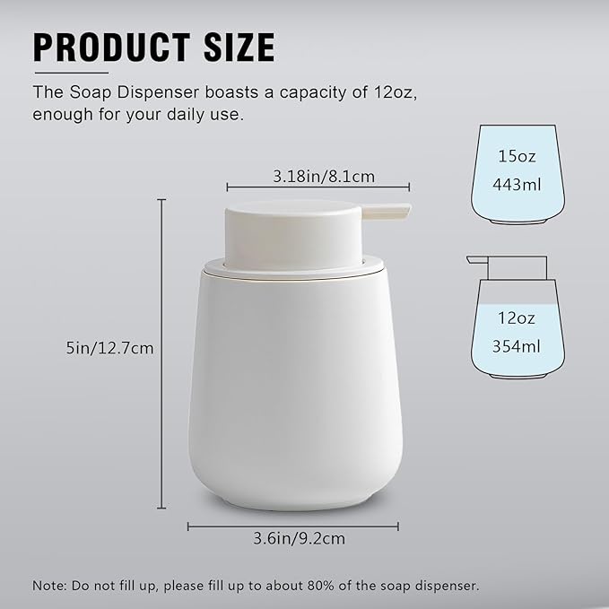 Soap Dispenser, Ceramic Foaming Soap Dispenser with Easy-to-Press Pump for Bathroom (White Liquid Dispenser)