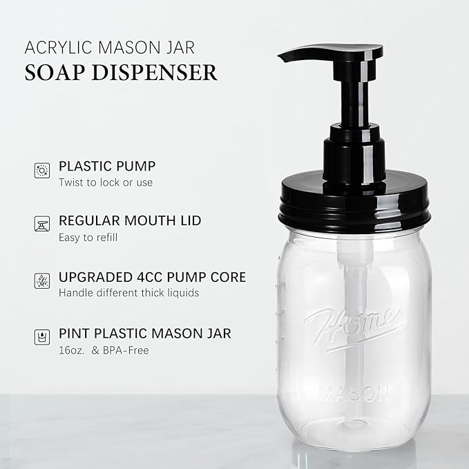 Amolliar Plastic Mason Jar Soap Dispenser with Pump Lid,16OZ Refillable BPA-Free Hand Soap Dispenser Set with Cute Lables - Farmhouse Decor for Kitchen/Bathroom,Liquid Soap,Dish Soap, Lotion (2 Pack)