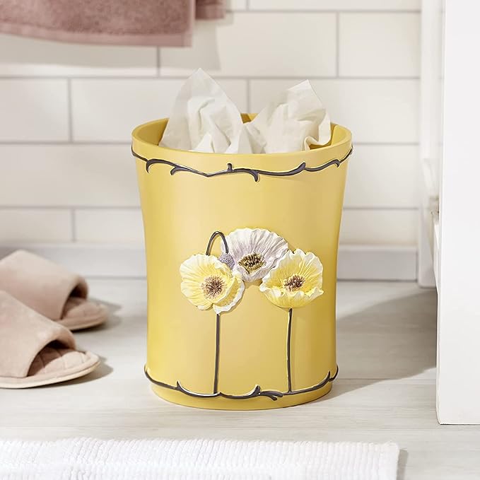 Zahari Home 2pc Poppy Fields Modern Bath Accessories Set Waste Basket & Tissue Box Modern Classic Contemporary Decorative Beautiful Designs Bathroom Decor Set for Home Luxury Yellow Bath Set