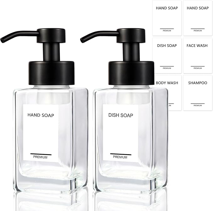 Foaming Soap Dispenser 2 Pack, 12oz/350ml Glass Foaming Hand Soap Dispenser Set with Stainless Steel Pump, Square Refillable Foam Pump Bottles for Bathroom&Kitchen,Includes 6 Labels