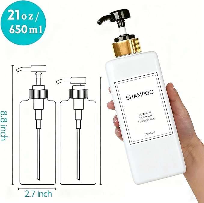 Modern Gold Shampoo and Conditioner Dispenser (21 oz, Pack of 3) Refillable Pump Bottle Set Empty Shower Plastic Bottles with Pump for Bathroom Body Wash Soap and Shower, 3 Types Waterproof Labels