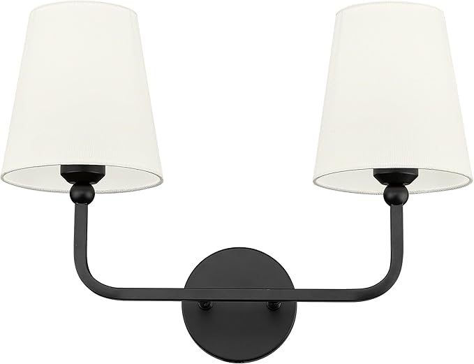 2-Light Bathroom Light Fixtures, Matte Black Vanity Lights, Double Wall Sconce with Beige Fabric Shade, Modern Sconces Wall Lighting for Hallway Bedroom Stairway, VL837-MB-B-2