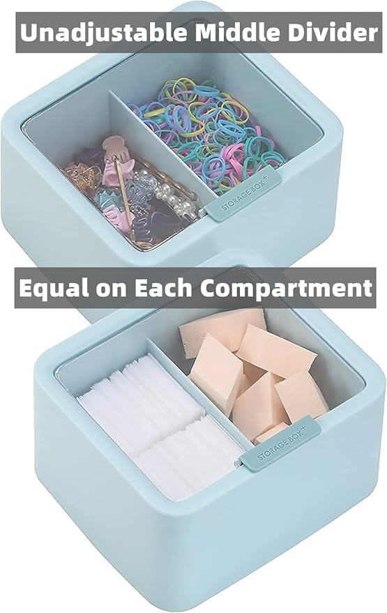 Tecbeauty 2pcs Qtips Holder - Middle Divider Cotton Pads Storage Dispenser Bathroom Organizer with Clear Hinged Lids for Cotton Balls Swabs Rounds - Blue & Pink
