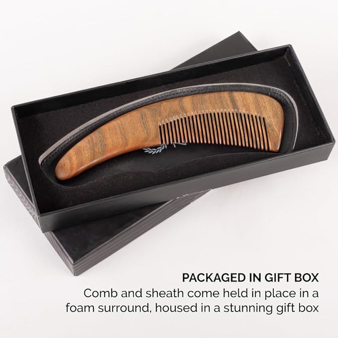 ZEUS Curved Sandalwood Beard Comb in Gift Box, Premium Grooming Essential with Sheath for Men’s Beard & Hair (M31)