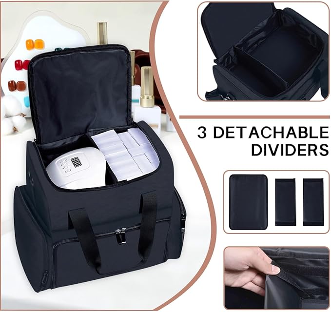Nail Polish Organizer Case Holds 80 Bottles (15ml - 0.5 fl.oz) and a Nail Lamp,Nail Polish Case with 2 Removable Bags and Tools Storage Sections Black
