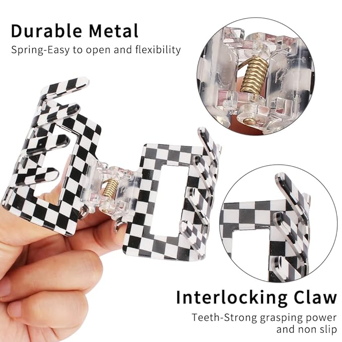 Ahoney 4 Pack Checkered Hair Claw Clips for Thin Hair Y2k Hair Accessories 2" Small Hair Clips for Thick Hair Cute Hair Clips for Women Girls
