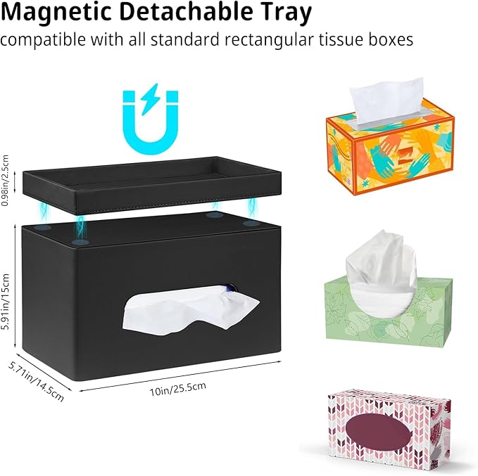 PU Leather Tissue Box Cover Rectangle with Detachable Storage Tray,Fits 230-Count Box Tall Rectangular,Modern Decorative Tissue Box Holder/Organizer for Bathroom,Bedroom Dresser,Night Stand