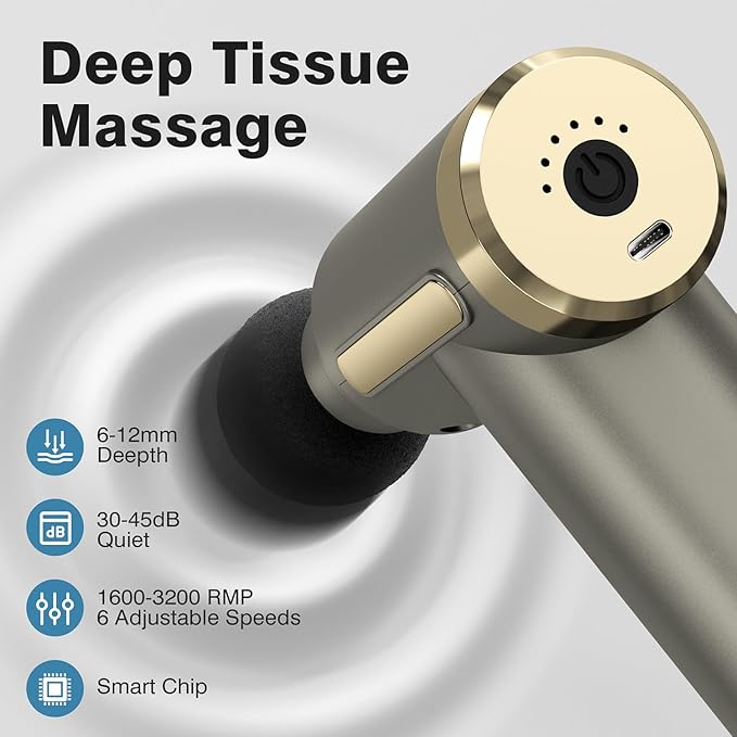 cotsoco Mini Handheld Massage Gun, Deep Tissue with 6 Speeds, Cordless Muscle Massager with 4 Heads,Type-C Charging, Travel Size, Best Gifts