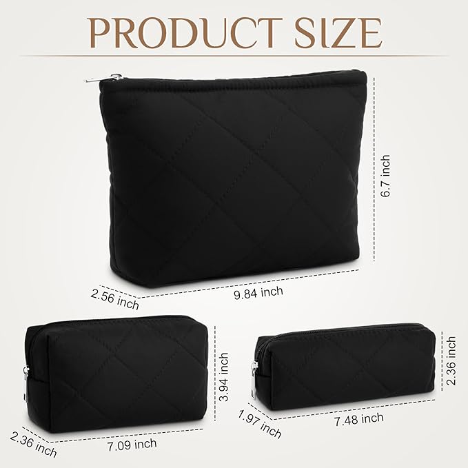 Paterr 3 Pcs Quilted Makeup Bag Set Small Bridesmaid Cosmetic Bag Aesthetic Travel Toiletry Pouch Cute Purse Pencil Case Makeup Storage Organizer for Women Birthday Gifts(Cotton,Black)