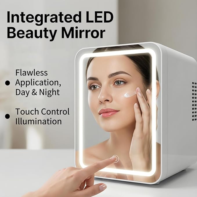 Lispin Mini Fridge for Bedroom, 4L Skincare Fridge with Dimmable LED Light Mirror for Dorm & Office, Portable Cooler & Warmer Small Compact Refrigerator for Skincare (White-4L（cold and warm）)