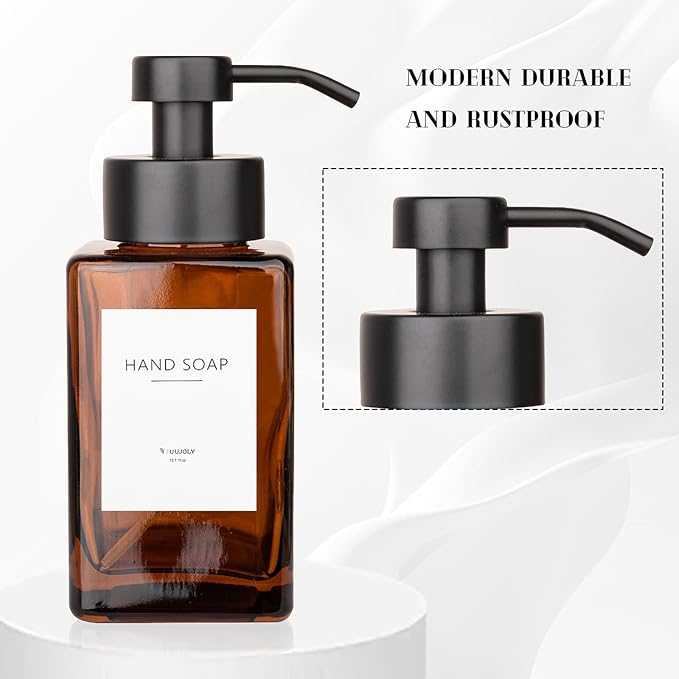 Foaming Soap Dispenser with Stainless Steel Pump, 12oz Refillable Glass Liquid Dish Soap Bottles for Bathroom, Kitchen Sink, Home Decor