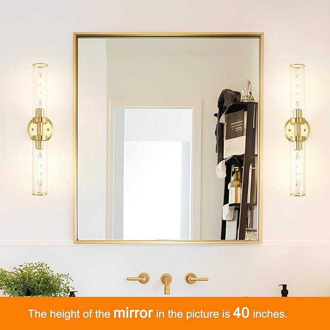 Antique Gold Wall Sconces Set of 2, Modern Bathroom Vanity Lights for Mirror, Hardwired Glass Wall Light Fixtures with E26 Base (Bulbs Required) for Bathroom, Bedroom, Hallway, 22.05 Inch
