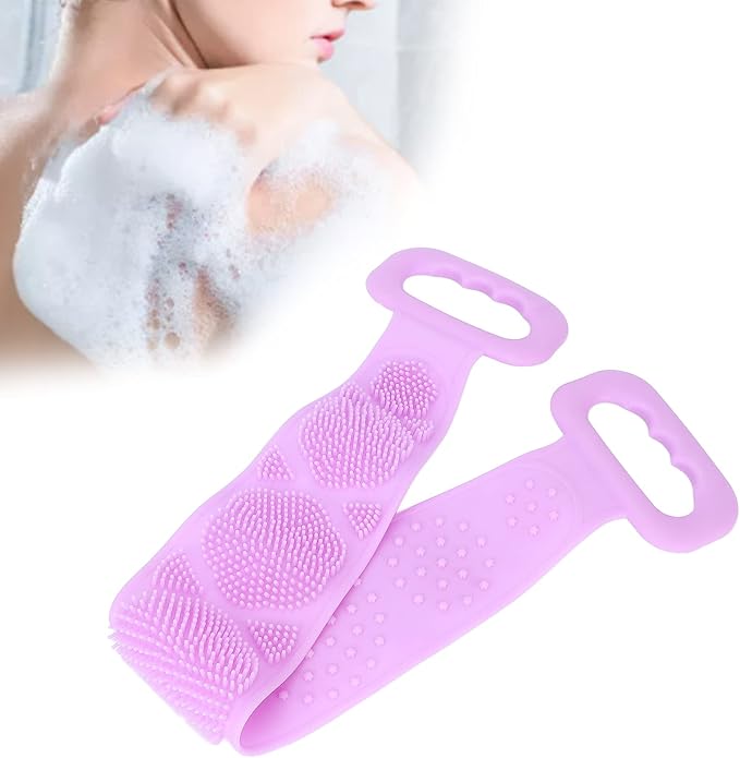 Silicone Back Scrubber Strap Double Sided Exfoliating Bath Shower Cleaning Belt Ergonomic Design for Men Women Kids Elderly Soft Dense Brush Hair Body Massage Tool (Purple)